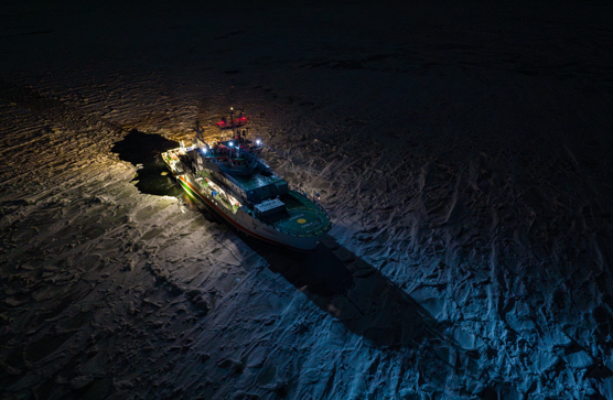 The marine research vessel Aranda braking ice at sea, January 2024. 